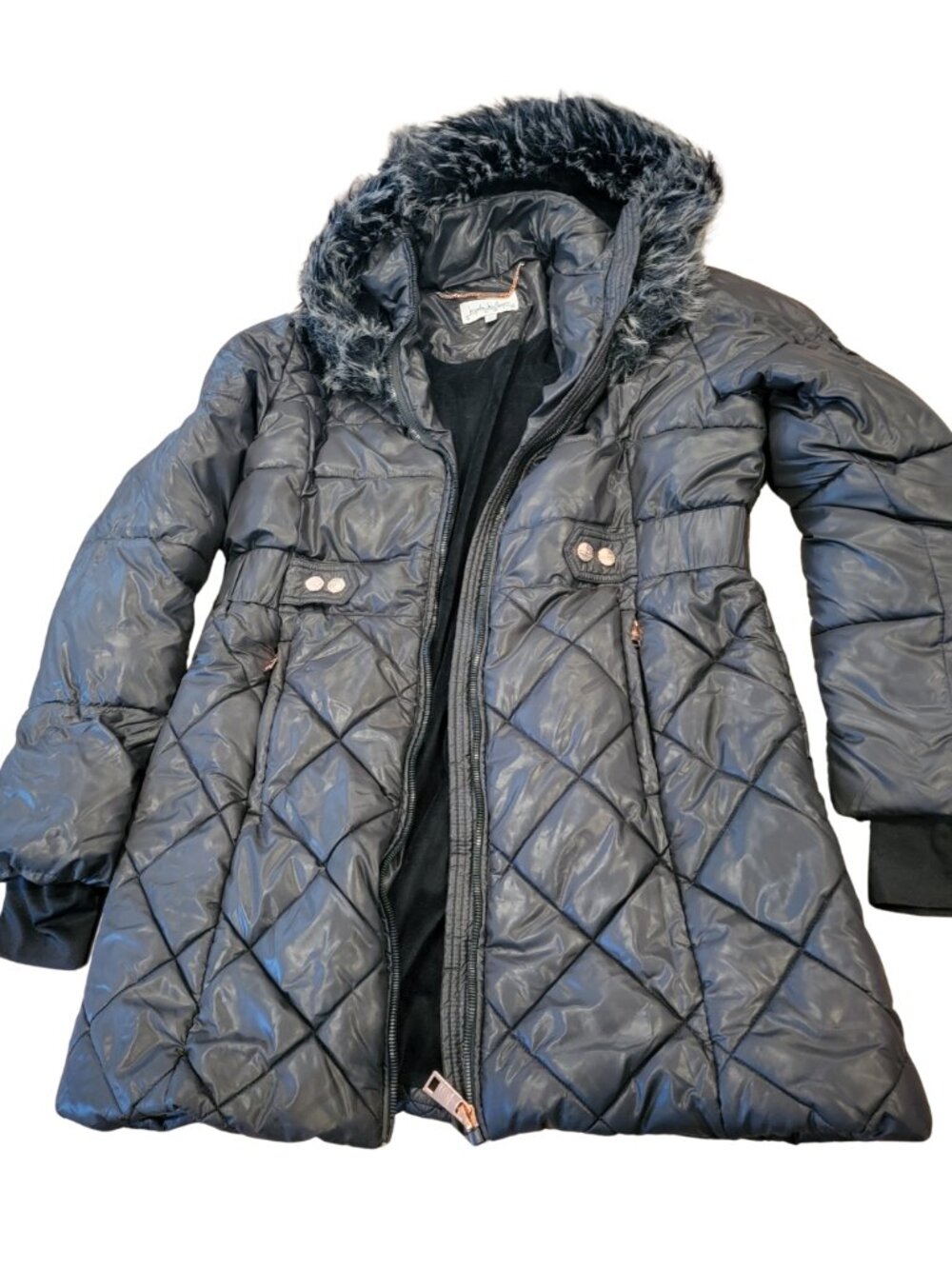 Nicole Miller Studio Quilted Longline Puffer Coat with Faux Fur Lined Hood